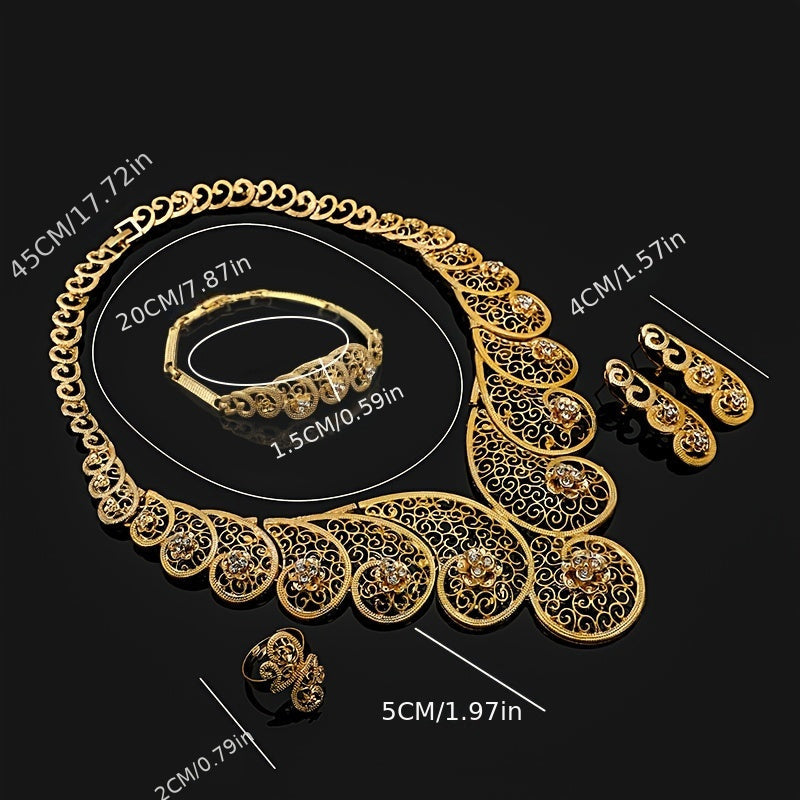 Bollywood Style Earrings + Necklace + Bracelet + Ring Traditional Bridal Jewelry Set 18k Gold Plated Retro Flower Carving Match Daily Outfits