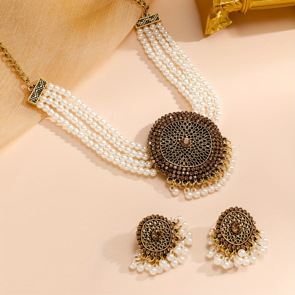 Exquisite Multi-Layer Faux Pearl Necklace and Drop Earrings Set - Elegant Indian-Inspired Fashion Jewelry with Vintage Ethnic Style - Perfect Gift for Women on Eid, Weddings, and Special Occasions