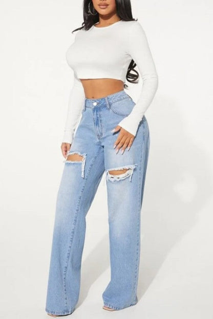 lovwvol  - Baby Blue Casual Solid Ripped High Waist Straight Denim Jeans (Subject To The Actual Object)