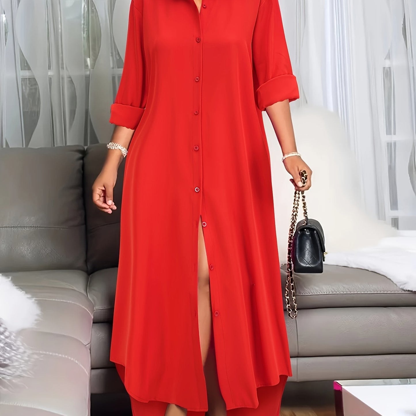 Stylish Button Front Shirt Dress - Soft, Breathable, Long Sleeve, Casual, Comfortable, Versatile, Easy to Wear - Perfect for Spring & Fall, Women's Everyday Clothing