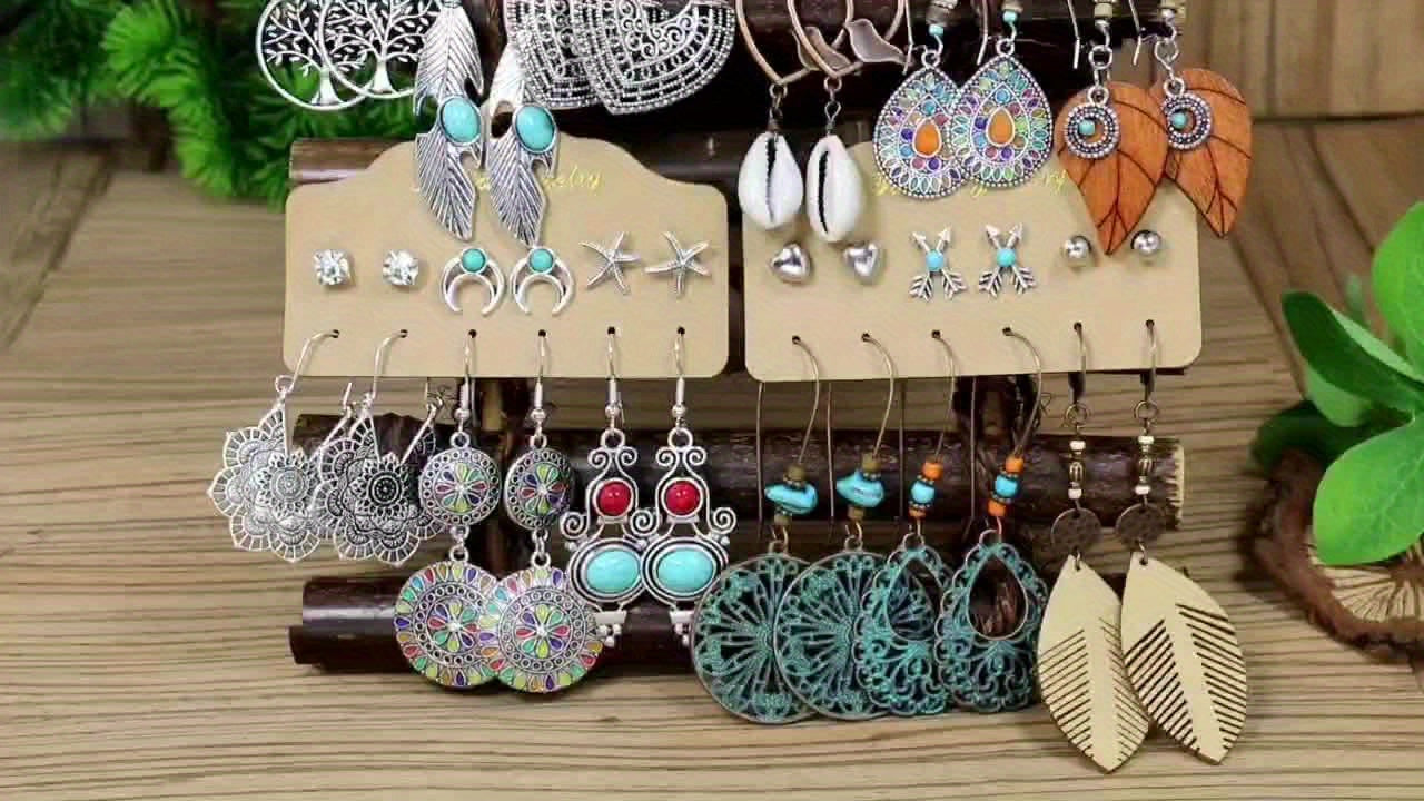 24-Pair Bohemian Earring Set - Turquoise Inlaid Studs & Dangles - Fashion-Forward Design for Holiday Glam