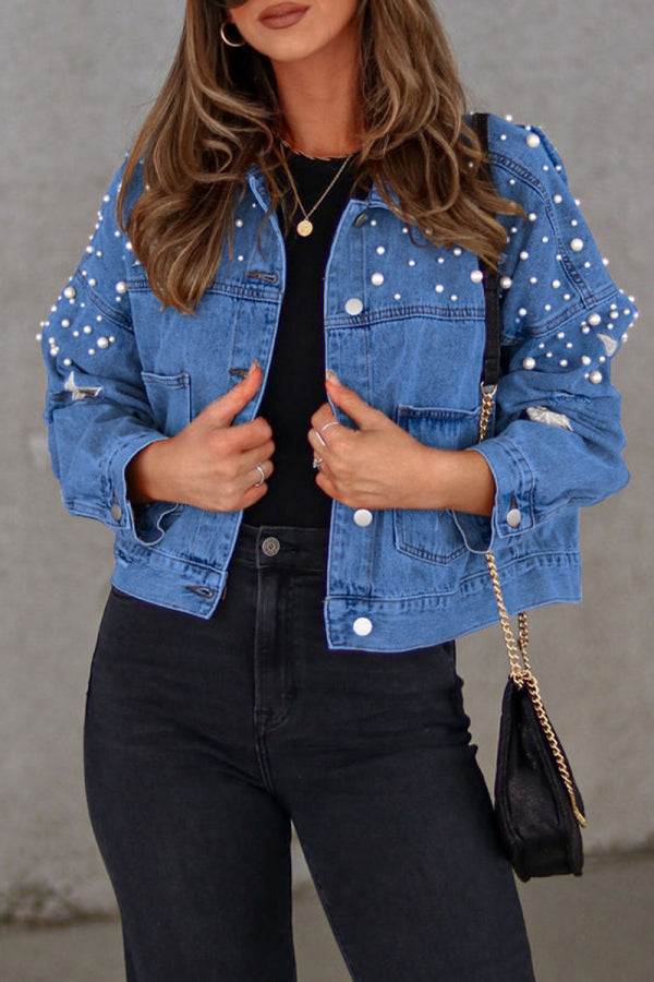 lovwvol  - Light Blue Casual Solid Beading Turndown Collar Long Sleeve Denim Jacket