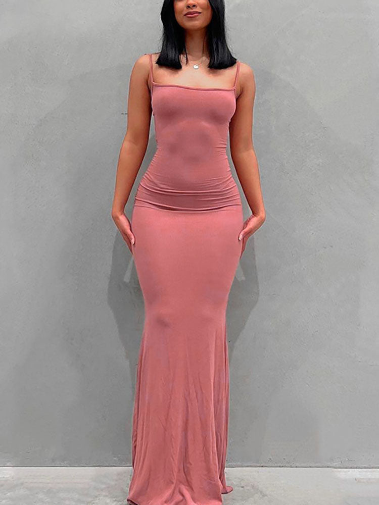 Solid Color Spaghetti Strap Bodycon Maxi Dress