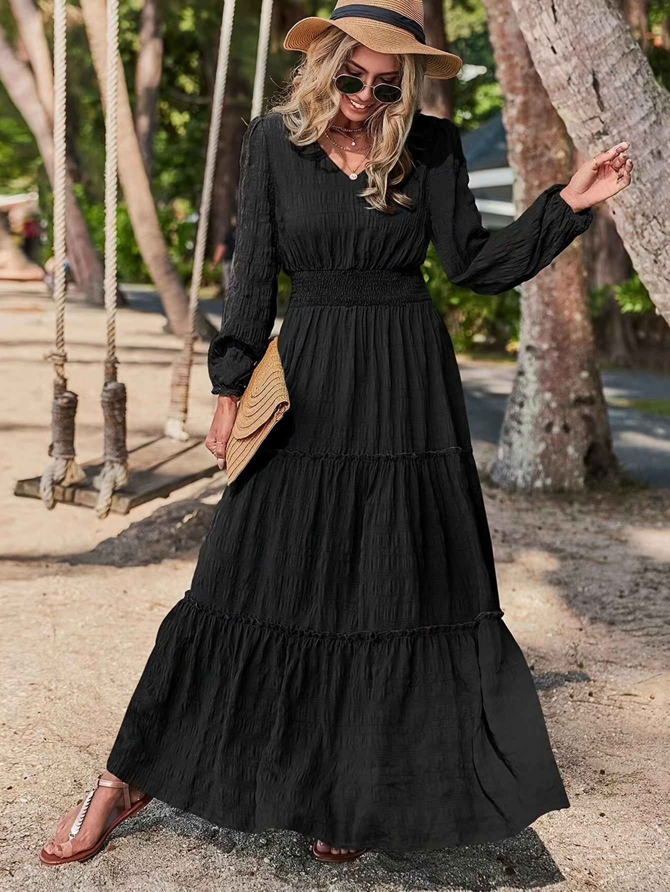 Chic Solid V-neck Textured Maxi Dress - Flattering Vacation Style with Smocked Long Sleeves - Versatile Womens Clothing for All Seasons