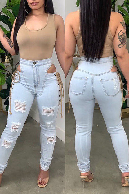 lovwvol  - Light Blue Fashion Casual Solid Ripped Bandage Hollowed Out High Waist Skinny Denim Jeans