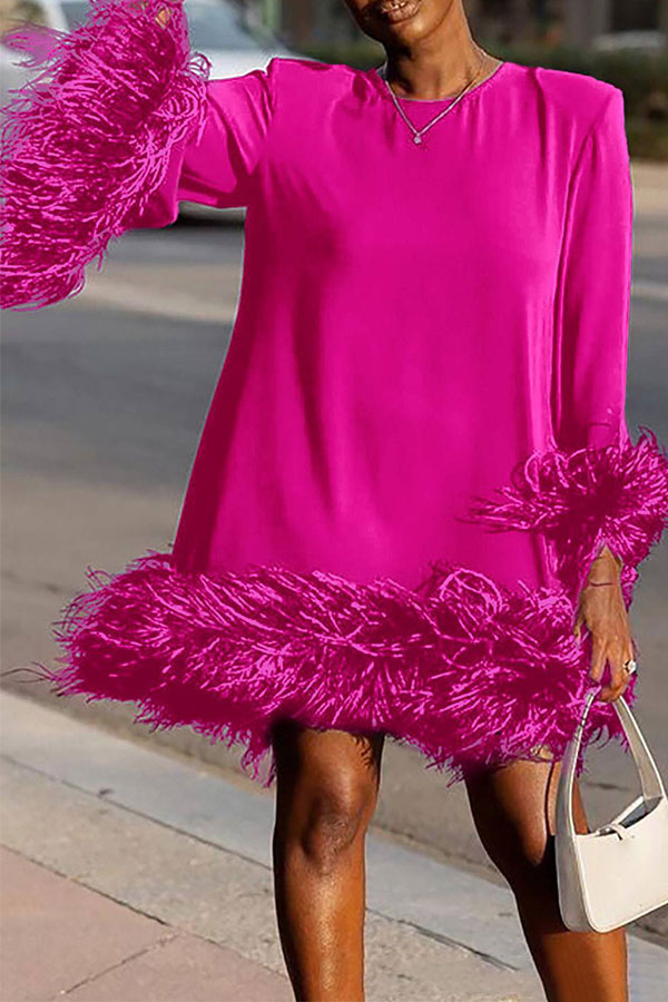 Plain Elegant Feather Patchwork Mini Dress