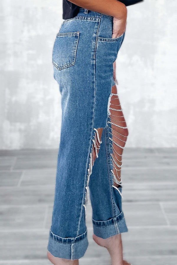 lovwvol  - Light Blue Street Solid Ripped Chains Loose Denim Jeans