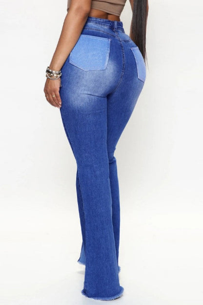 lovwvol  - Blue Casual Patchwork Contrast High Waist Regular Denim Jeans (Subject To The Actual Object)