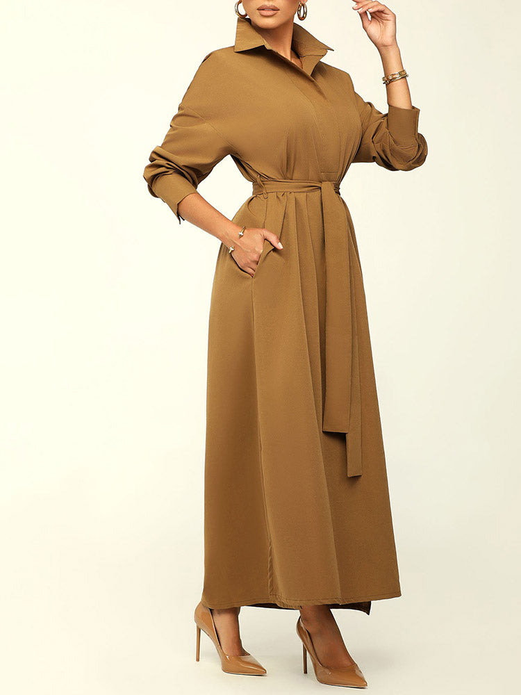 Turndown Collar With Belt Maxi Dress