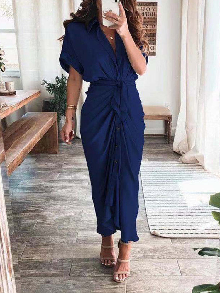 Satin Pleated Bandage Shirt Dress