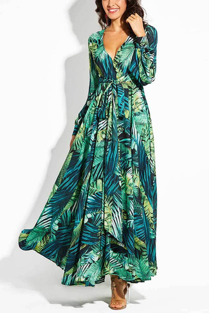 lovwvol V-Neck Leaf Print Maxi Dress