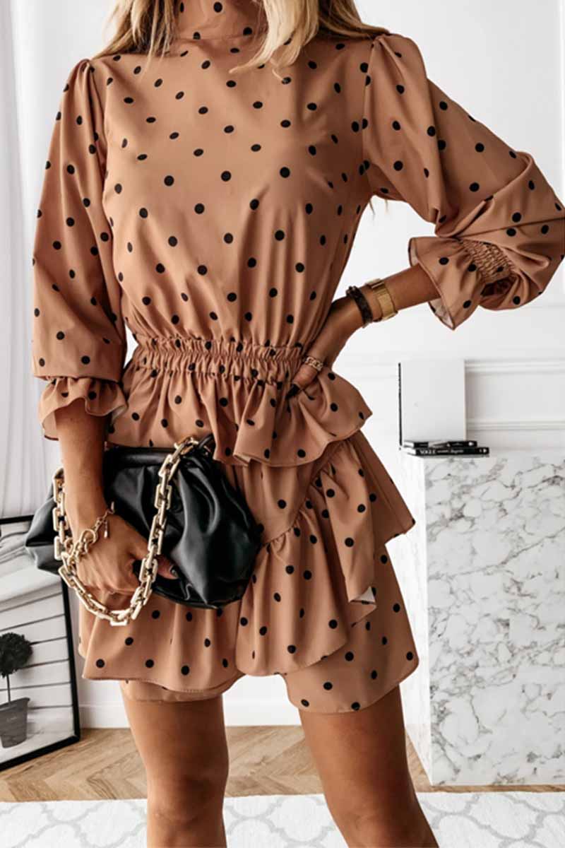 lovwvol Thin Irregular Lotus Leaf Dot Printing Mini Dress