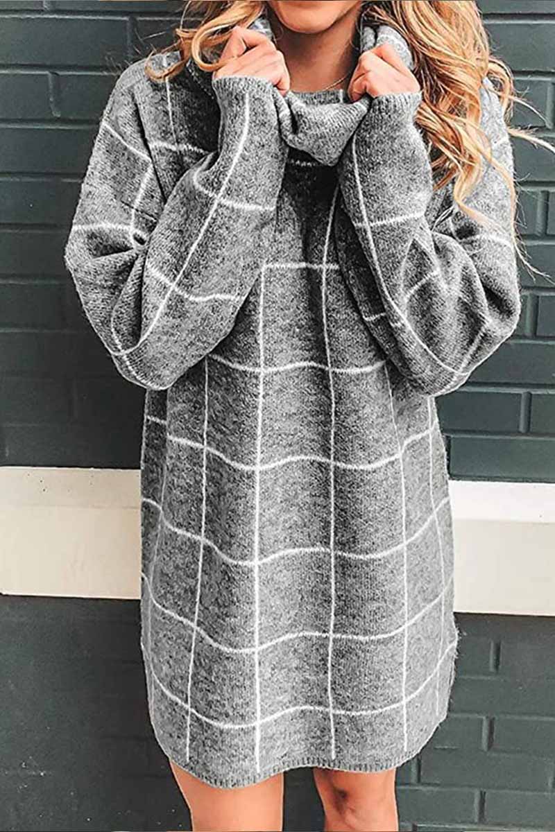 lovwvol High Collar Plaid Loose Mini Dress