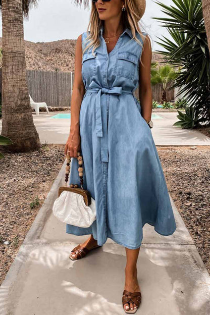 lovwvol Sleeveless Lace-Up Single-Breasted Denim Midi Dress