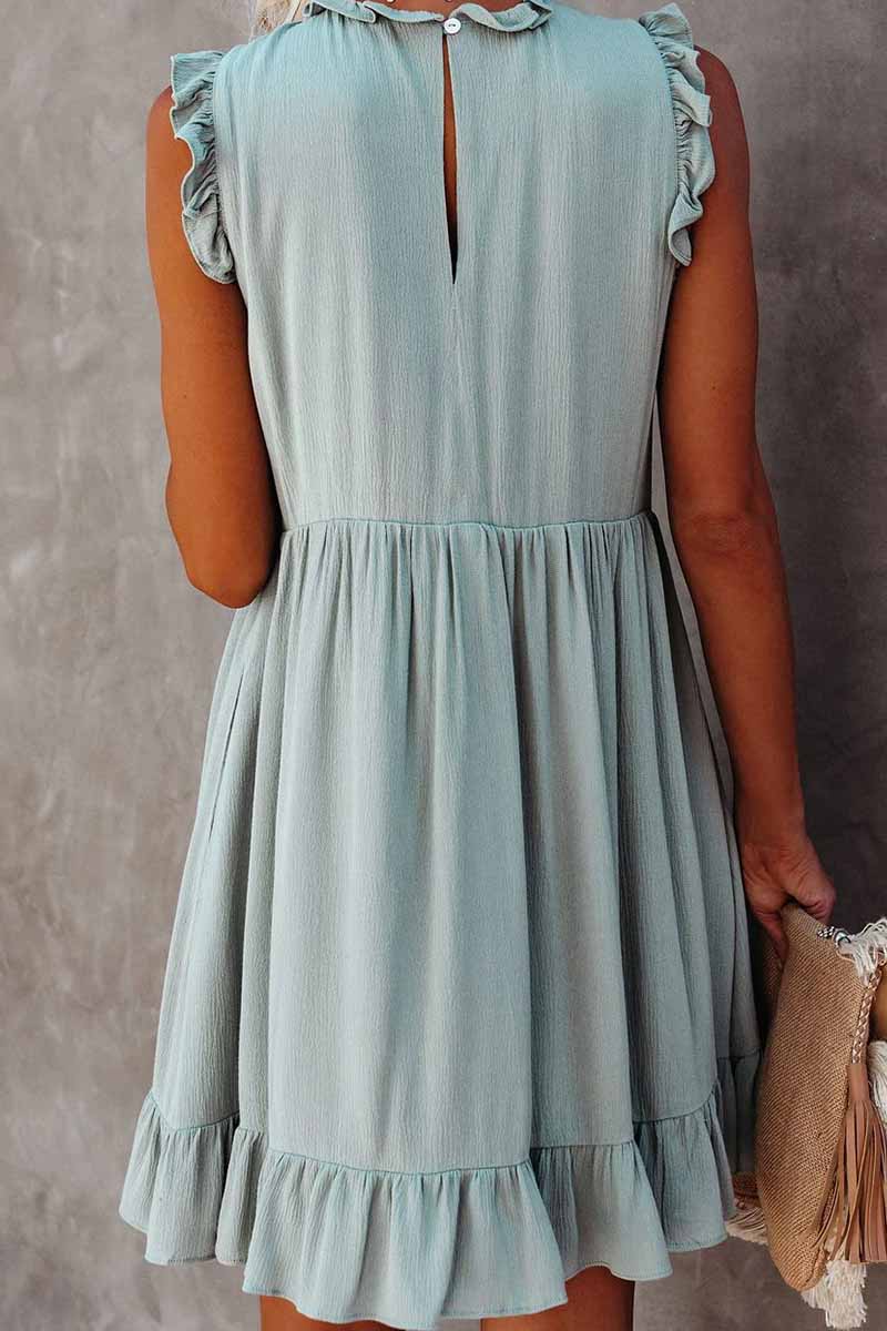 lovwvol Solid Color Ruffled Waist Mini Dress