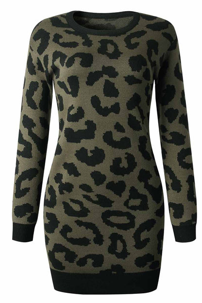 lovwvol Leopard Print Oneck Mini Dress