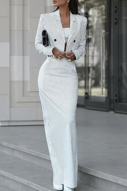 Striped Peak Lapel Modern Split Back Dress Suit