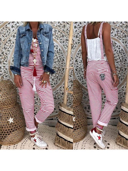 Red Striped Spaghetti-Strap Casual Jumpsuits