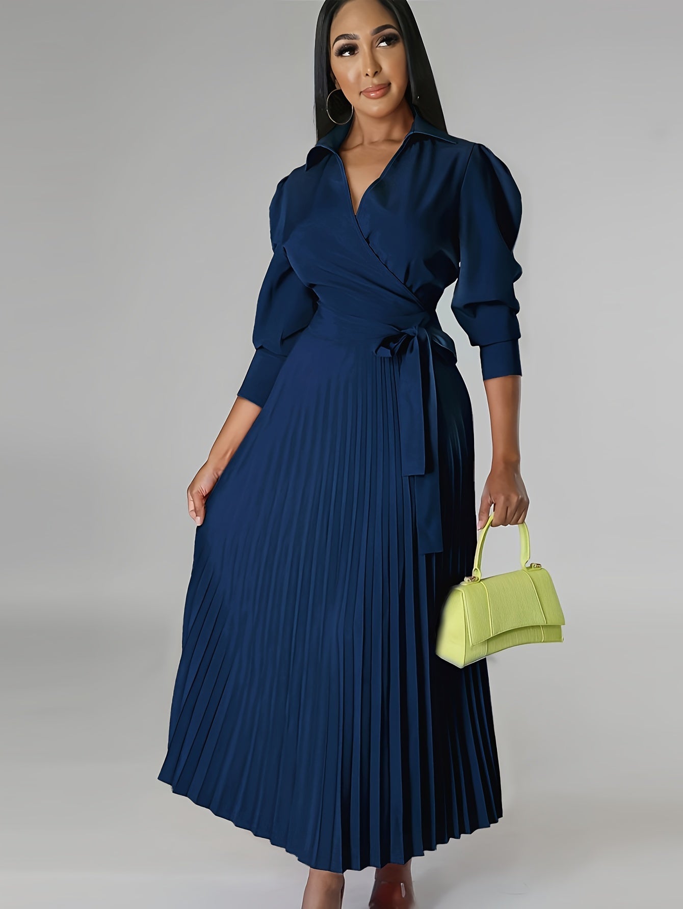 Stunning Solid Pleated Elegant Dress - 3/4 Sleeve, Knotted V Neck, Flowy, Chic, Women's Clothing for Work, Party, Daily Wear - High-Quality Fabric, Comfortable, Easy Care