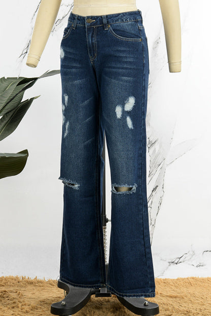 lovwvol  - Blue Casual Solid Ripped Patchwork Mid Waist Regular Denim Jeans