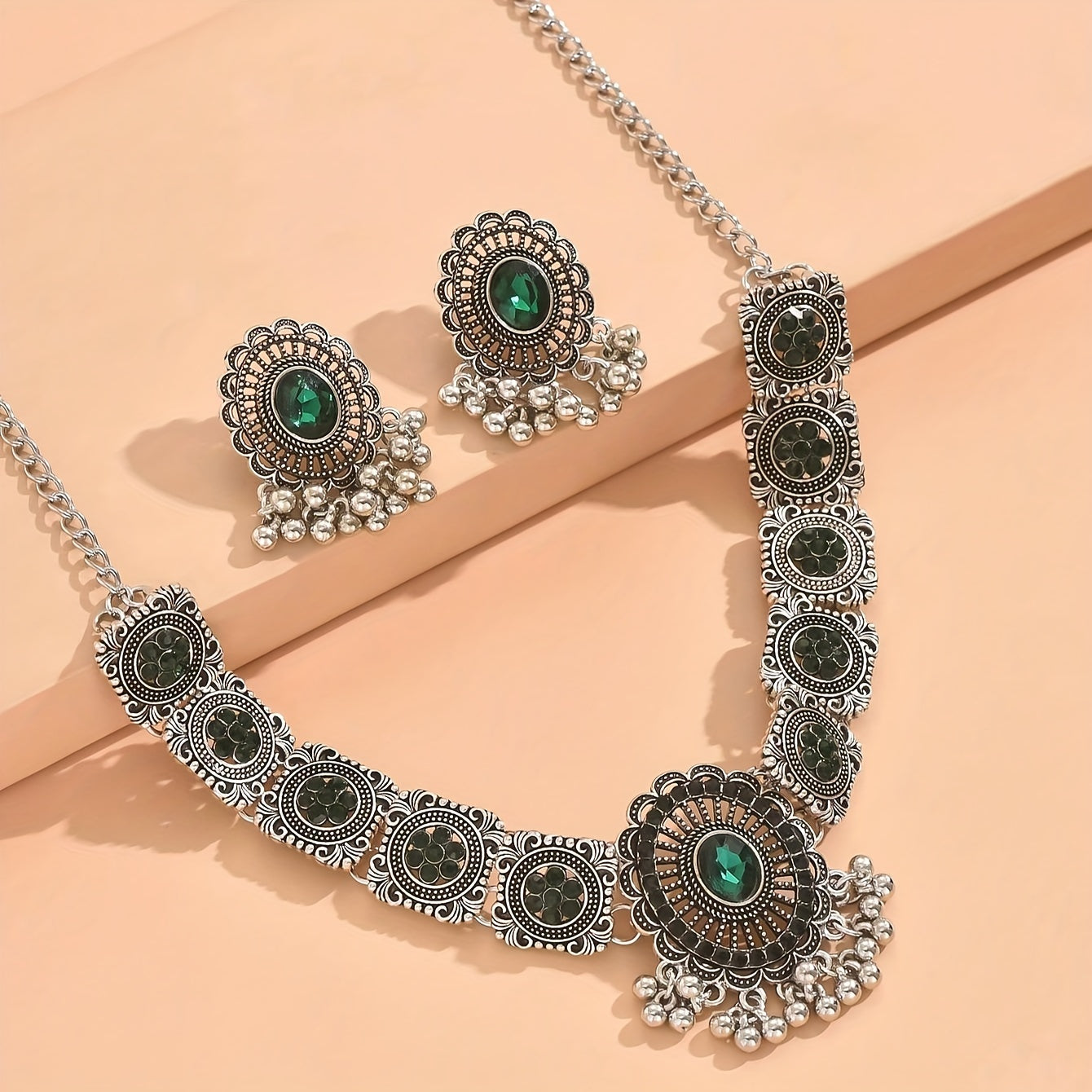 Elegant Vintage Jhumka Jewelry Set - Sparkling Stone-Paved Necklace & Earrings for Daily & Party Glamour