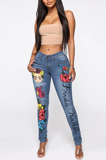 lovwvol  - Light Blue Fashion Casual Print Patchwork Mid Waist Skinny Denim Jeans