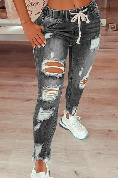 lovwvol  - Grey Casual Patchwork Ripped High Waist Skinny Denim