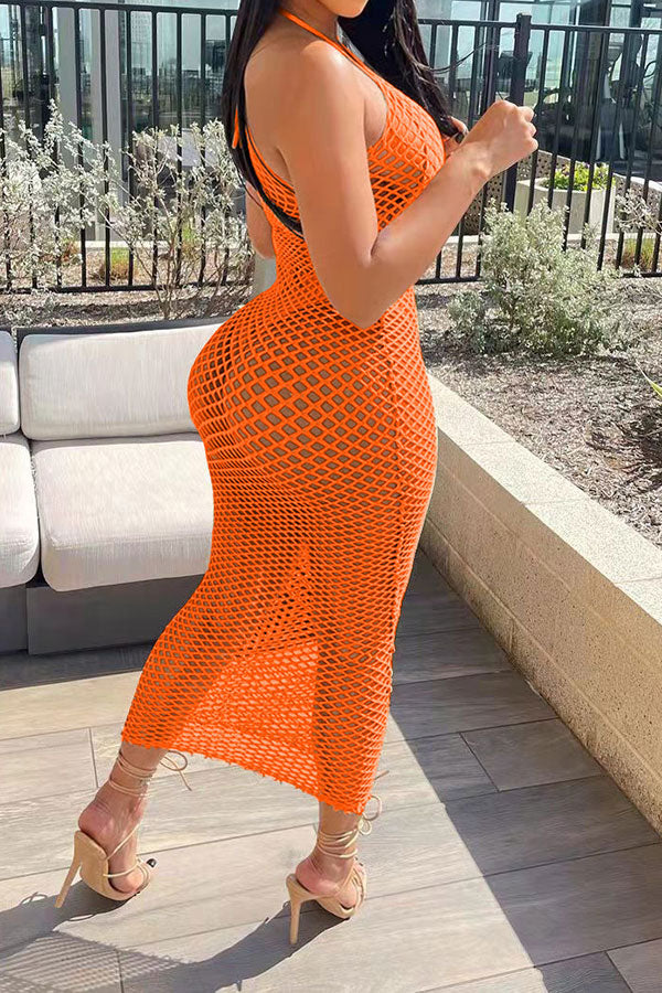 Solid Color Casual Fishnet See-Through Maxi Dress Beachwear