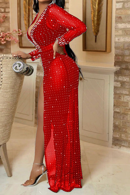 Rhinestone Stylish High Split See-Through Maxi Dress