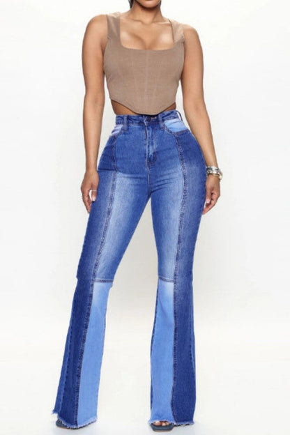 lovwvol  - Blue Casual Patchwork Contrast High Waist Boot Cut Denim Jeans