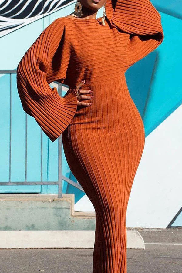 Solid Color Ribbed Chic Batwing Sleeve Maxi Dress