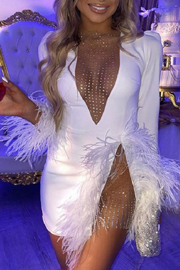 Feather & Mesh Patchwork Glamorous See-Through Mini Dress