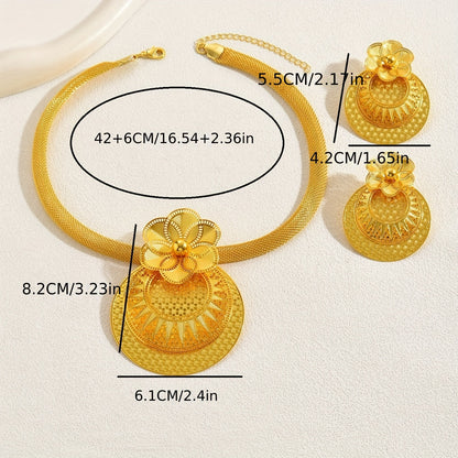 3pcs Earrings + Necklace Traditional Bridal Jewelry Set Trendy Flower Design 18k Gold Plated Match Daily Outfits Party Accessories