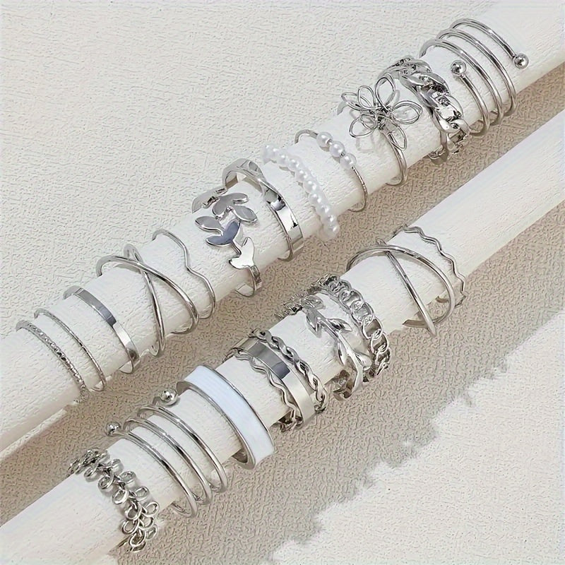 22pcs/Set Simple Elegant Style Stacking Rings Leaf Flower Design Mix And Match Daily Clothing Golden Or Silver Jewelry