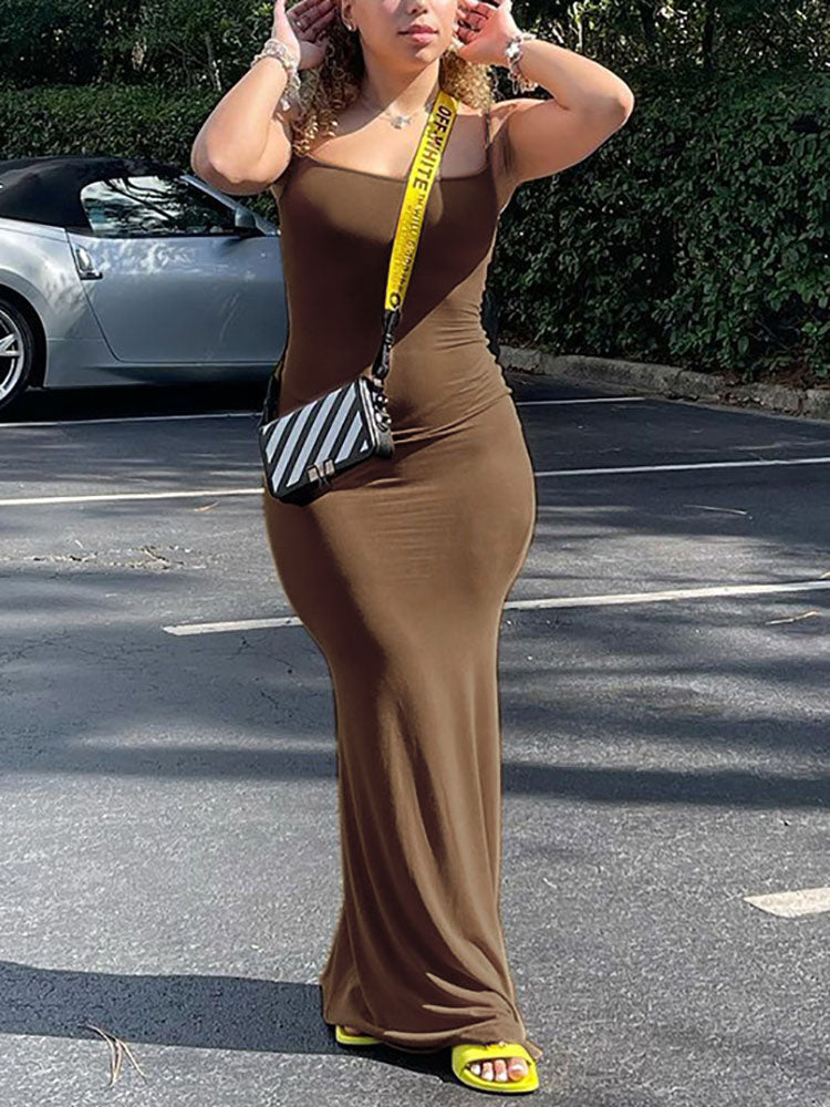 Solid Color Spaghetti Strap Bodycon Maxi Dress