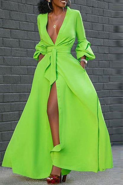 Solid Color On-trend Deep V Neck Belted Maxi Dress