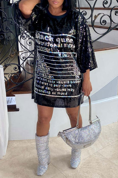 Letter Print Sparkly Sequined Mini Dress