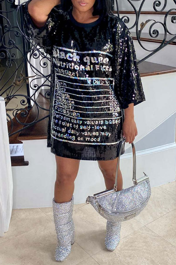 Letter Print Sparkly Sequined Mini Dress