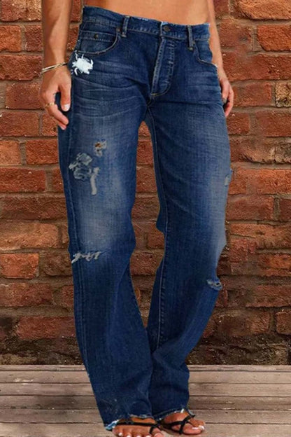 lovwvol  - Blue Casual Solid Ripped Patchwork Mid Waist Regular Denim Jeans