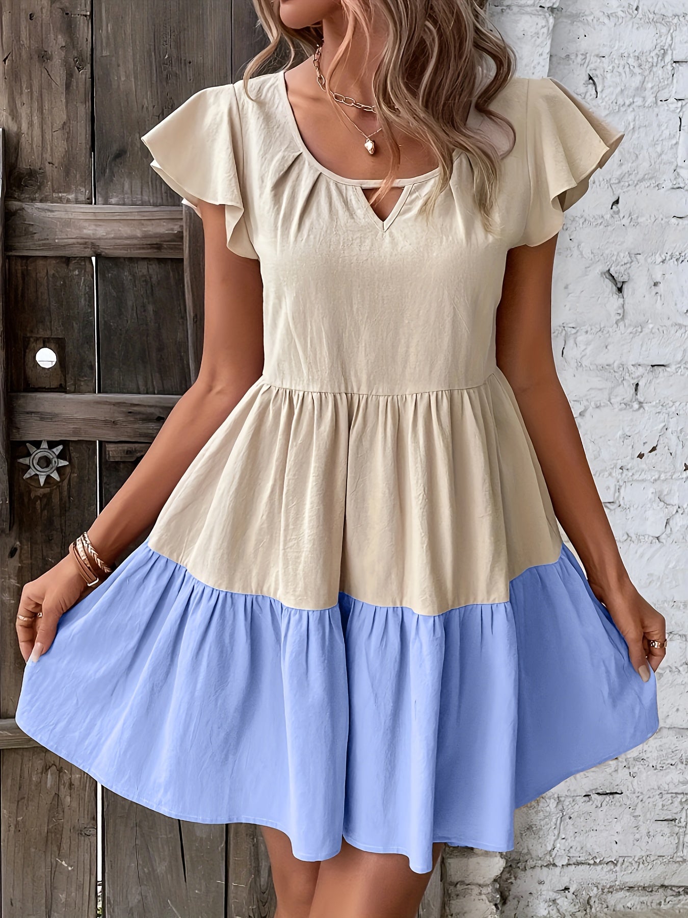 Women's Spring & Summer Flare Dress - Charming Crew Neck with Ruffle Sleeves, Flowy Ruffle Hem, Breathable Fabric, Perfect For Day-to-Night Wear