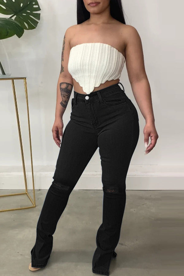 lovwvol  - Black Casual Solid Ripped Slit High Waist Regular Denim Jeans