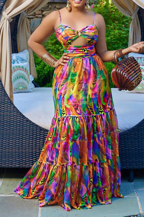 Tie Dye Bohemia Ruffle Maxi Dress