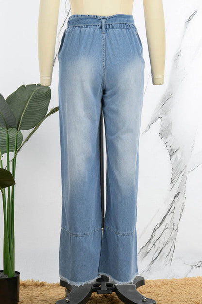 lovwvol  - Light Blue Casual Solid Bandage Patchwork High Waist Straight Denim Jeans