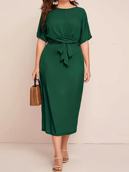 Chic All-Season Elegance: Durable Knit, Non-Sheer Solid Color Dress with Crew Neck, Half-Sleeves, and Flattering Tie Waist