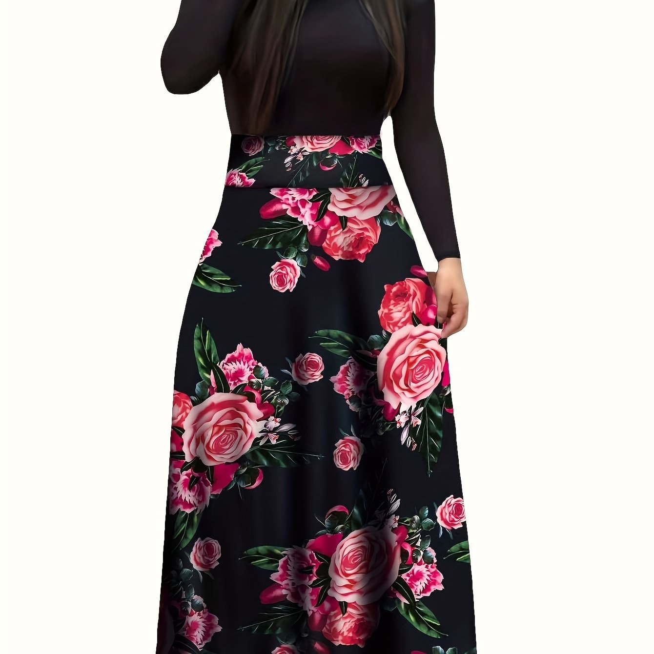 Elegant Floral Maxi Dress: Comfort-Fit, Crew Neck, Easy-Care, Perfect for Spring/Fall - Chic & Durable