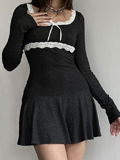 Lace Trim Square Neck Plain Long Sleeve Short Dress