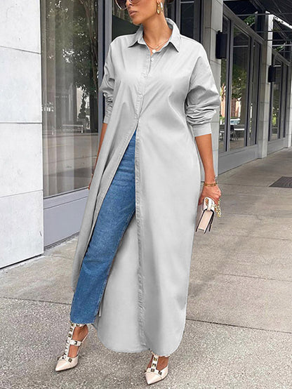 Solid Button Split Shirt Dress