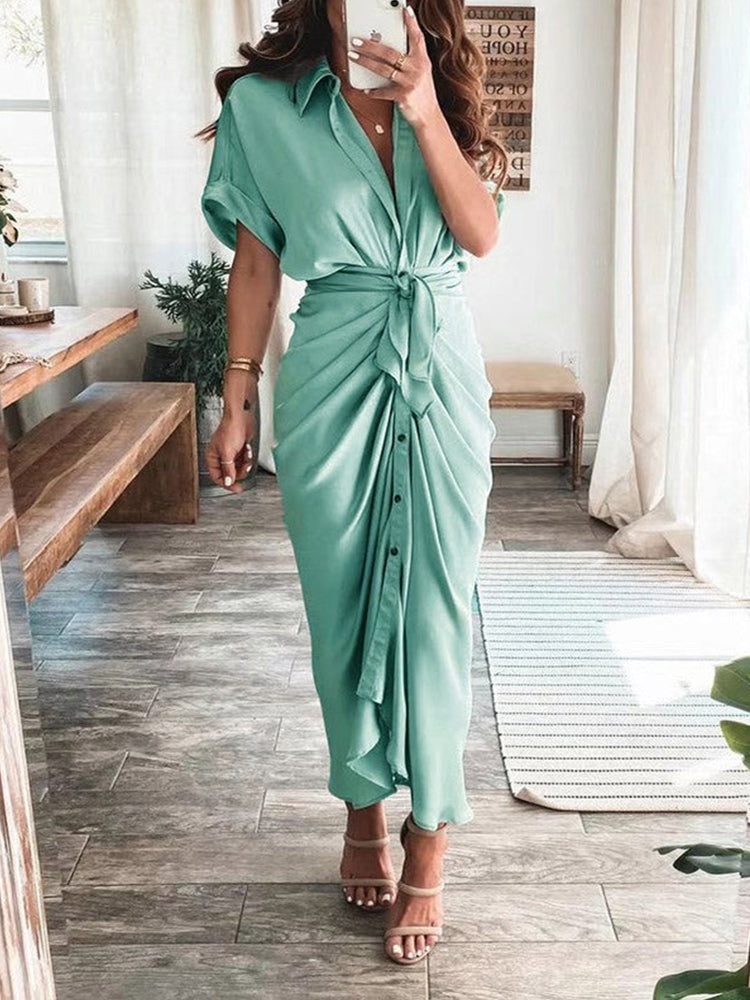 Satin Pleated Bandage Shirt Dress