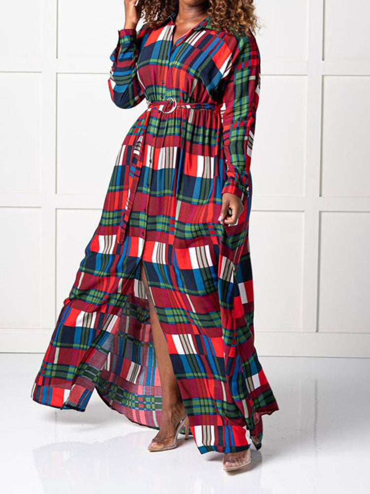 Plaid Print Shirt Collar Maxi Dress