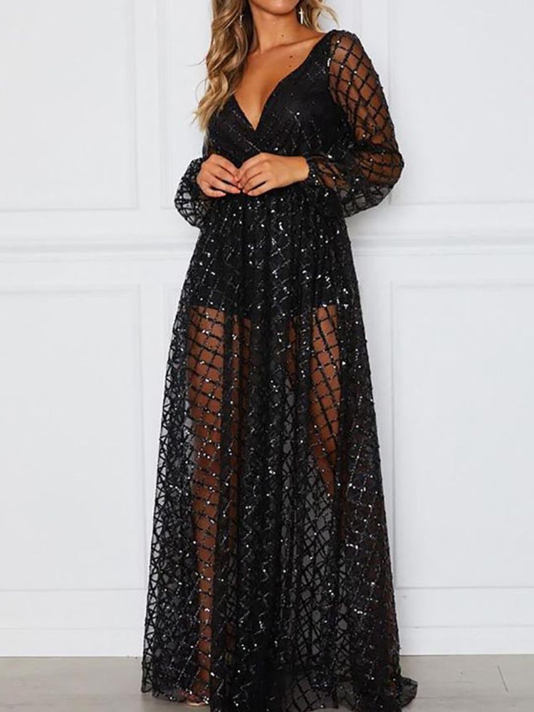 Sequins Mesh V Neck Maxi Dress